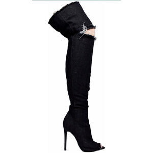 Liliana Barbara Thigh High Over Knee Denim Open Toe Stiletto Heel Boot Black 7.5